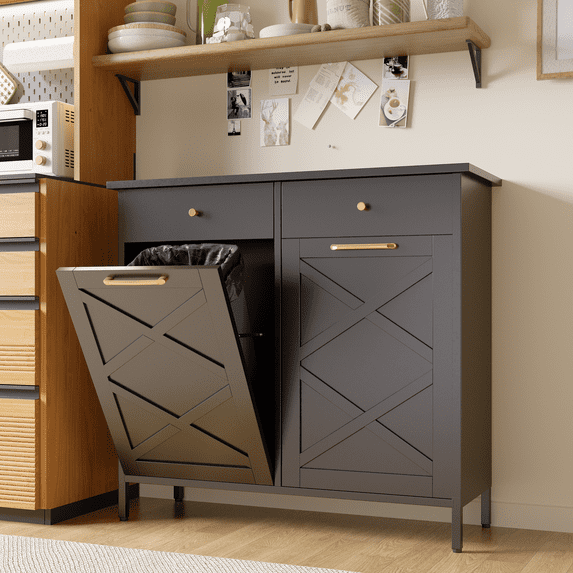 AECOJOY Double Tilt Out Trash Can Kitchen Cabinet, 20 Gallon Metal Trash Garbage Can Cabinet with 2 Drawers, Black