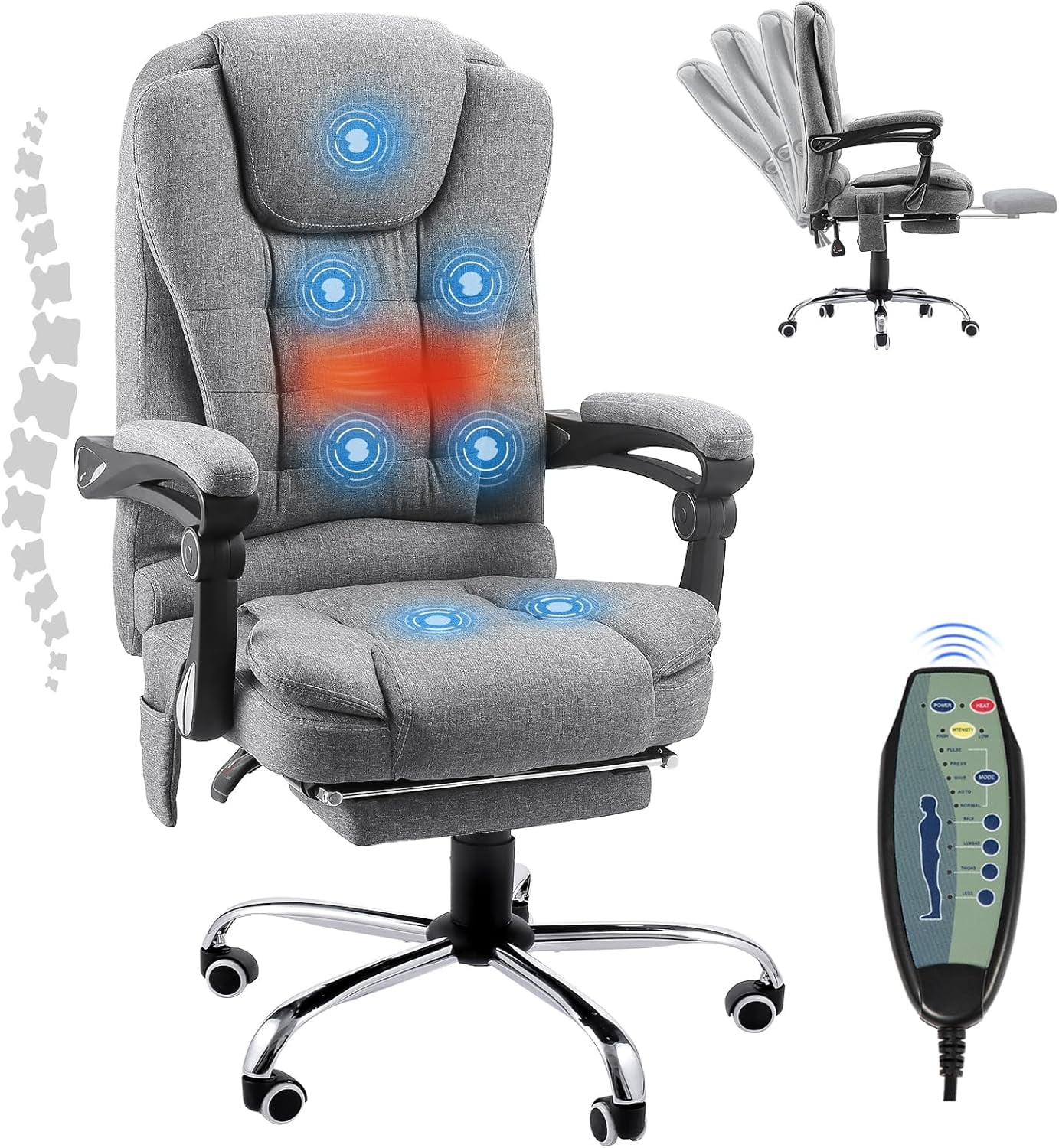 AECOJOY Ergonomic Office Chair with Heat &7 Points Massage High Back Desk Chair w/Retractable Footrest, Executive Swivel Fabric Reclining Chair for Office, Home, Study, Grey