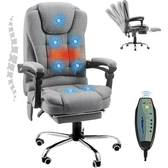 AECOJOY Ergonomic Office Chair with Heat &7 Points Massage High Back Desk Chair w/Retractable Footrest, Executive Swivel Fabric Reclining Chair for Office, Home, Study, Grey