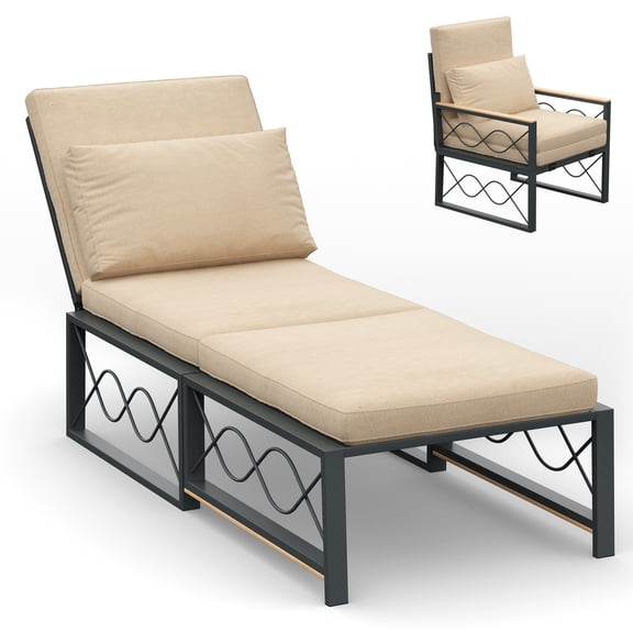 AECOJOY Folding Chairs For Outdoors,Outdoor Metal Chaise Lounge Chair,Convertible Patio Armchair with Cushions,5-Position Adjustable Outdoor Reclining Chair for Pool Beach, Beige