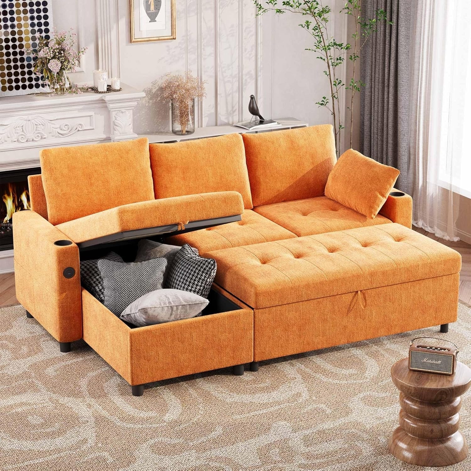 AECOJOY L Shaped Sofa Storage Sofa Couch Pull Out Bed w/ USB for Living ...
