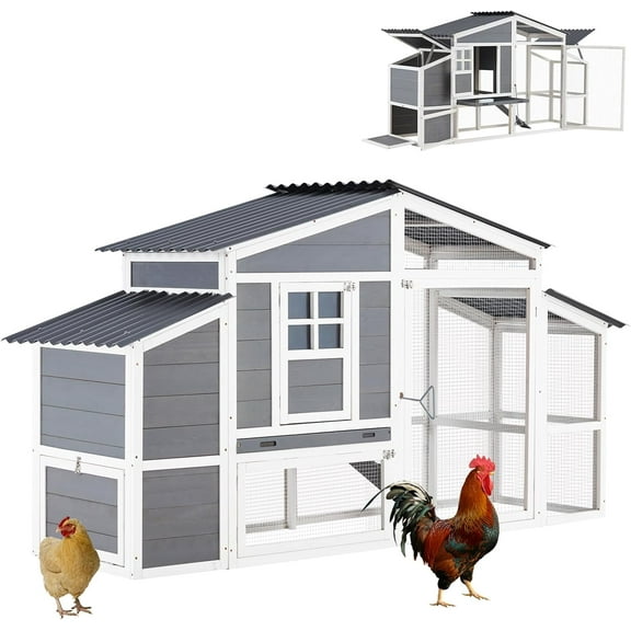 AECOJOY Large Chicken Coop, Wooden 81" Chicken Coop with Run&Waterproof Roof Hen House Outdoor 2 Story Poultry Cage w/Nesting Boxes, Ramp