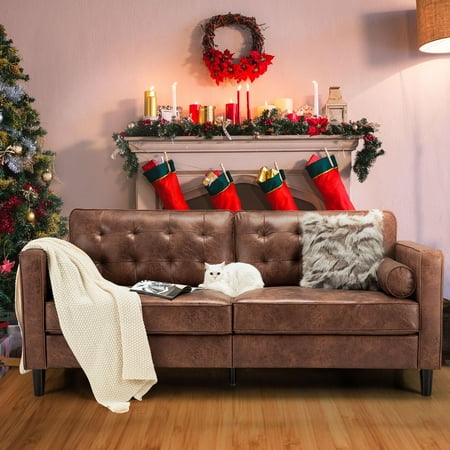 AECOJOY Leather Couch Sofa 84.2" Mid-Century Sectional Sofa 3 Seater Office Sofa on Clearance,Saddle Brown