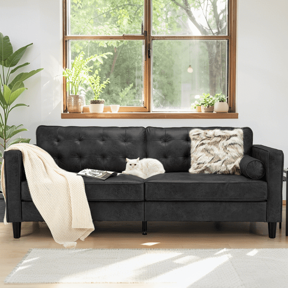 AECOJOY Leather Couch Sofa 84.2” Mid-Century Sectional Sofa 3 Seater Sofa on Clearance,Black