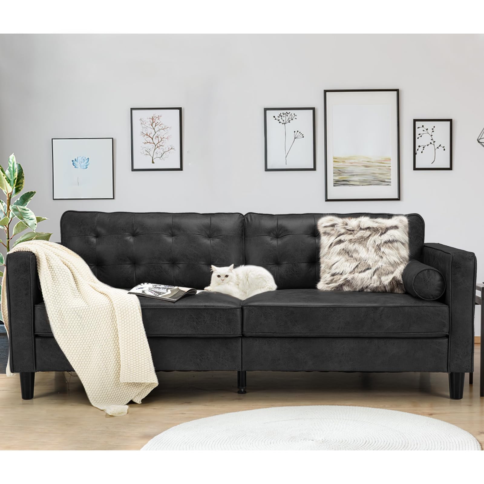 AECOJOY Leather Couch Sofa 84.2” Mid-Century Sectional Sofa 3 Seater Sofa on Clearance,Black