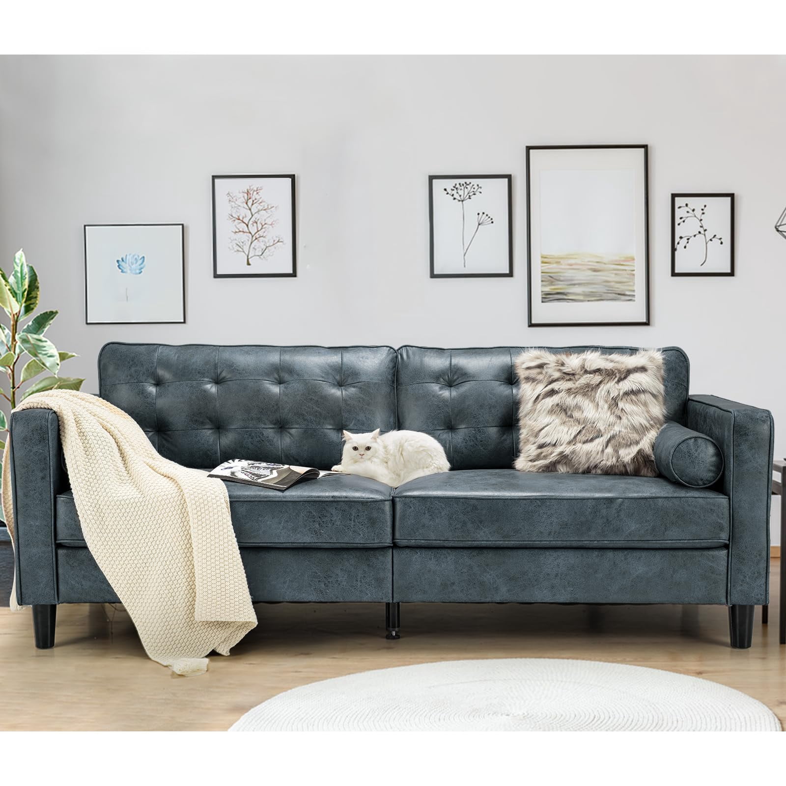 AECOJOY Leather Couch Sofa Mid-Century Sectional Sofa 3 Seater Sofa on Clearance,Blue