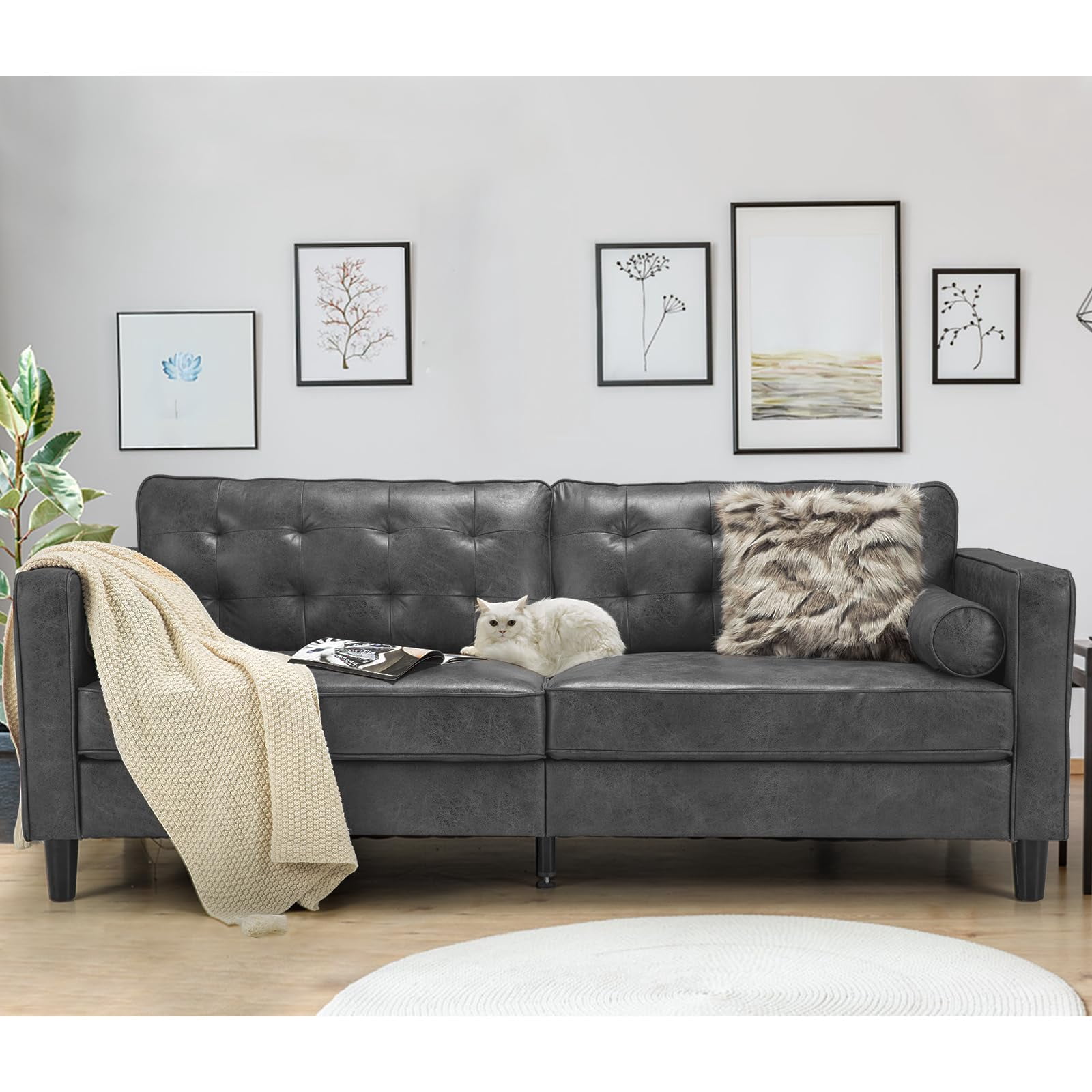 AECOJOY Leather Couch Sofa Mid-Century Sectional Sofa 3 Seater Sofa on Clearance,Grey