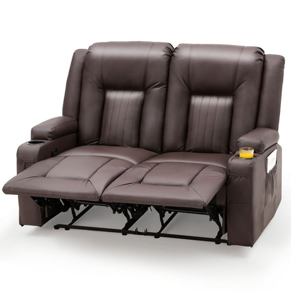 AECOJOY Manual Reclining Loveseat with Cup Holders&Side Pockets, PU Leather Double Recliner Loveseat Home Theater Seating-Brown