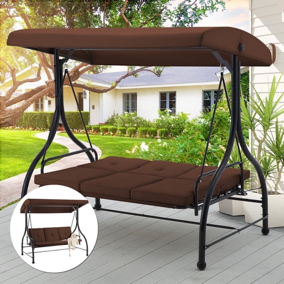AECOJOY Metal Hanging Chair Porch Swing with Canopy, Brown