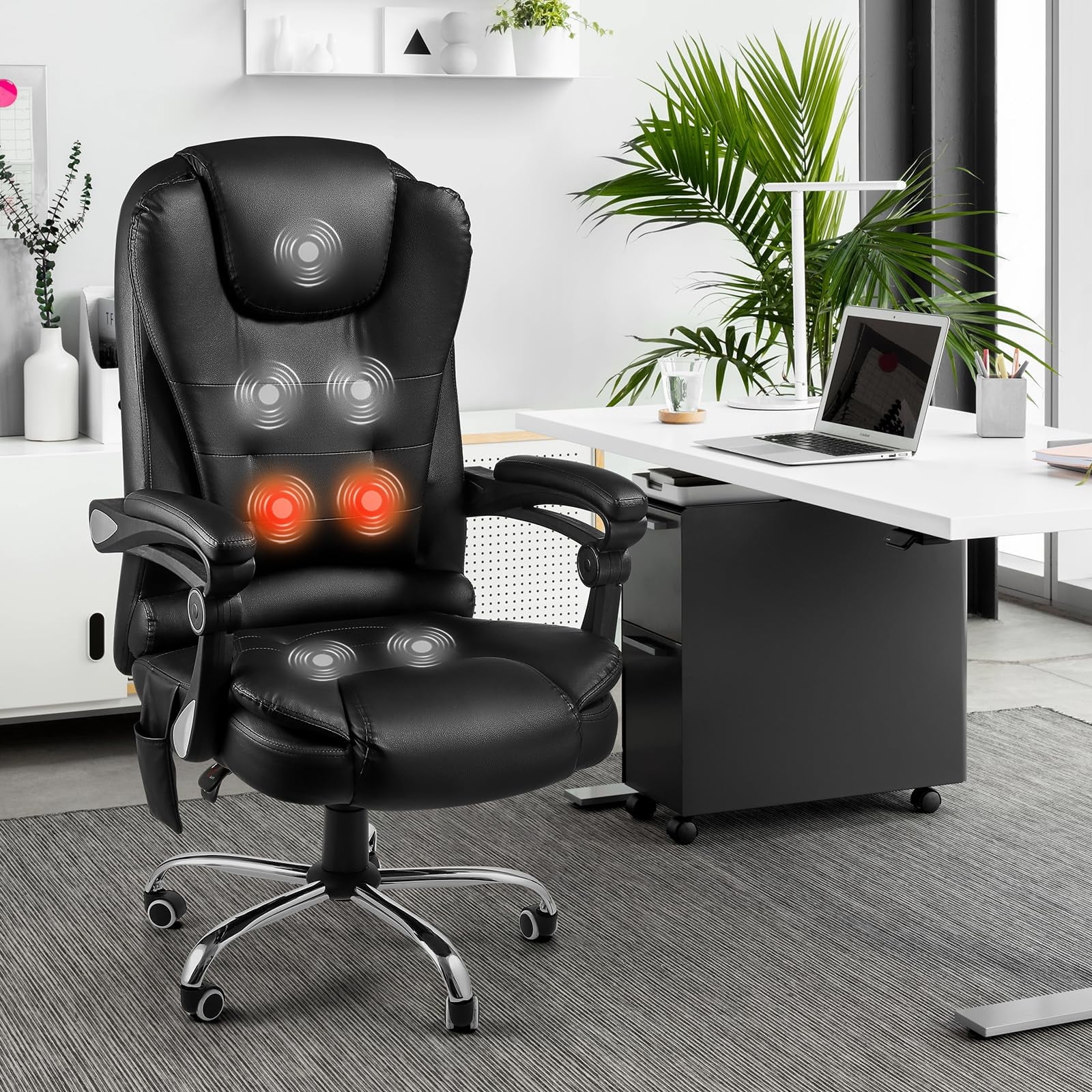 AECOJOY High-Back Office Chair with Massage & Heat, Reclining Leather Executive Chair for Home Office, Black