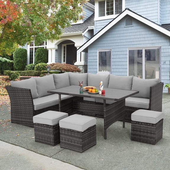 AECOJOY Outdoor 7-Piece Rattan Wicker Sectional Sofa Couch, Patio Dining Conversation Set, Gray