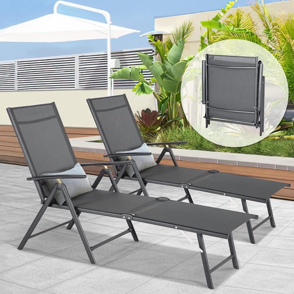 AECOJOY Outdoor Chaise Lounge Chair, Adjustable Textile Reclining Folding Pool Lounge, Gray