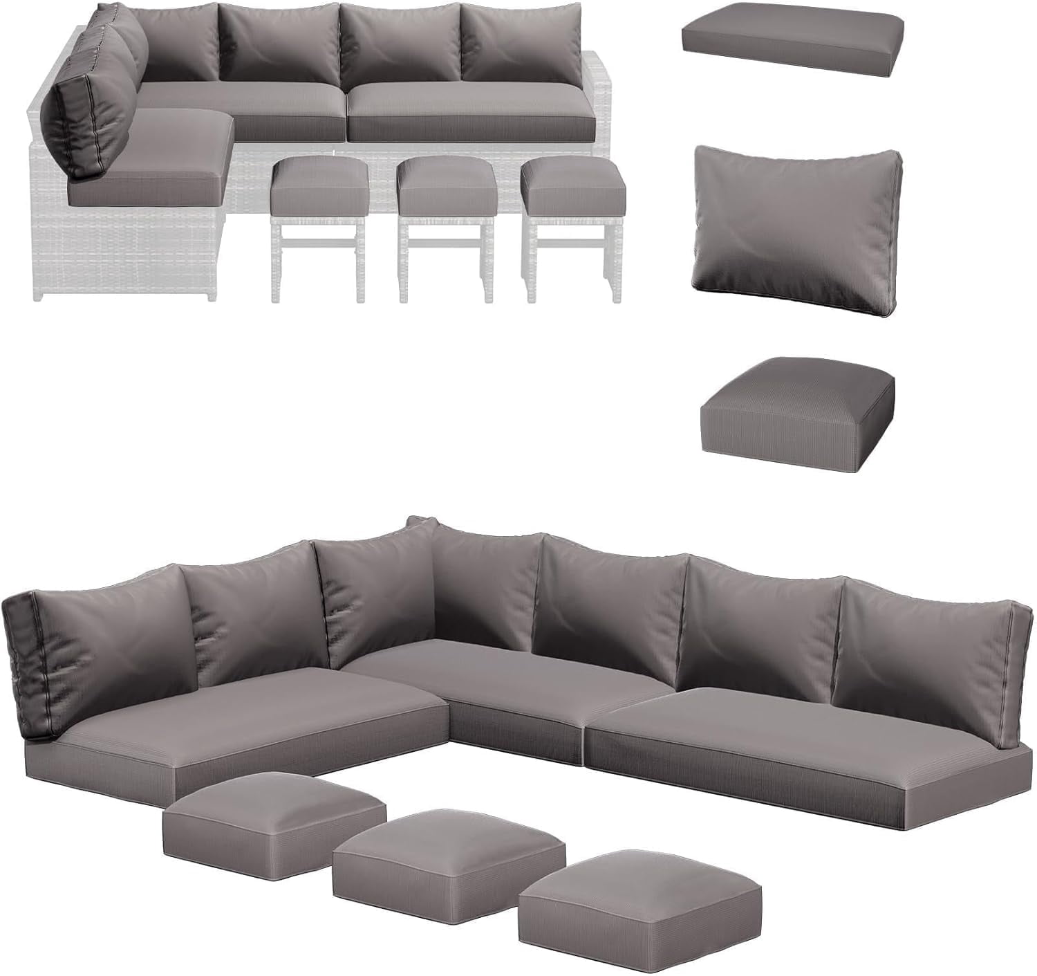 AECOJOY Outdoor 13-Piece Replacement Cushions for Patio Furniture, 4-Inch Memory Foam Cushions for 7-Seat Sectional Rattan Conversation Set, Splash-Resistant Covers, Dark Grey