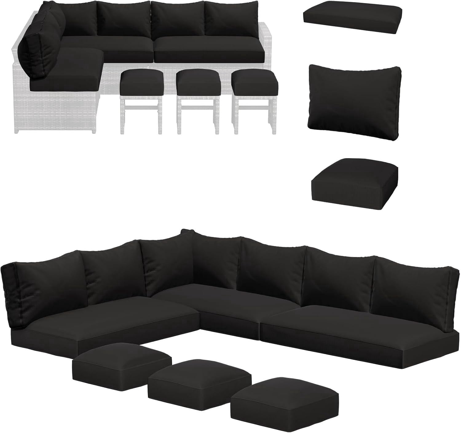 AECOJOY Outdoor Patio Furniture Cushions, 4-Inch Memory Foam Replacement Cushions for 7-Seat Sectional Wicker Conversation Set, Black