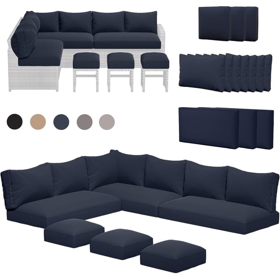 AECOJOY Outdoor Patio Furniture Cushions, 4-Inch Memory Foam Replacement Cushions for 7-Seat Sectional Wicker Conversation Set, Navy
