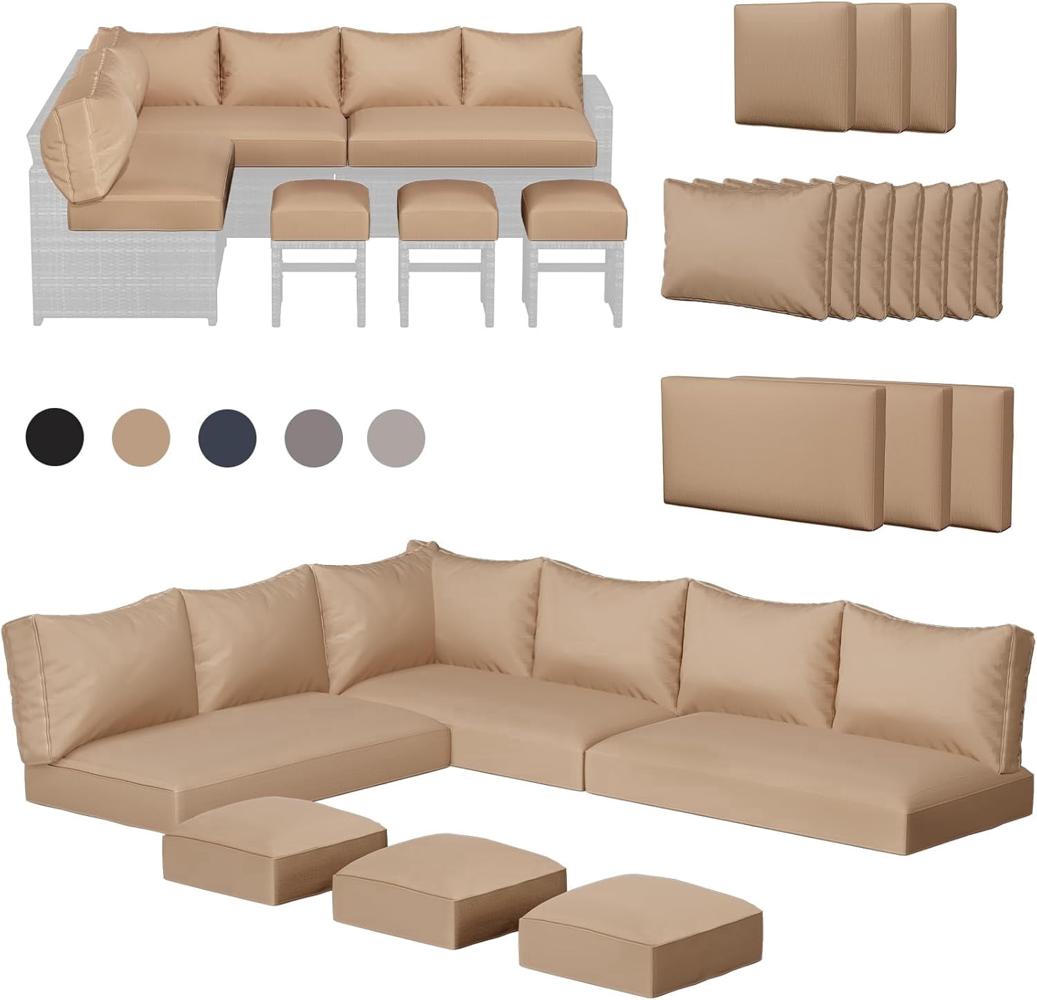 AECOJOY Outdoor Patio Furniture Cushions, 4-Inch Memory Foam Replacement Cushions for 7-Seat Sectional Wicker Conversation Set, Beige