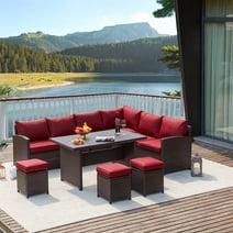 AECOJOY Outdoor Furniture Set, 7-Piece Rattan Wicker Patio Dining Conversation Set, Wine Red