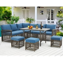 AECOJOY Outdoor Furniture Set, 7-Piece Rattan Wicker Sectional Sofa Couch, Patio Conversation Set with Dining Table & Chair in Navy