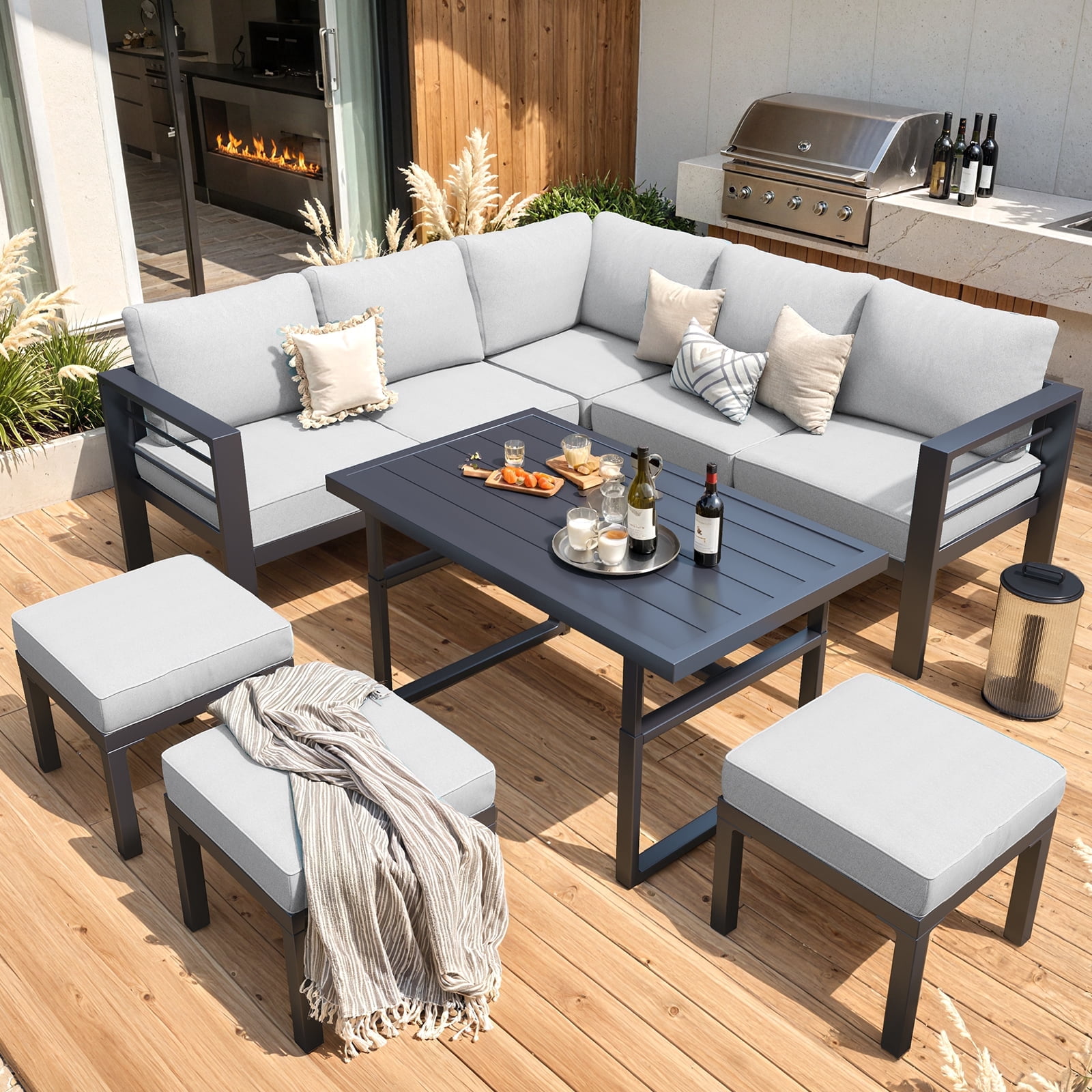 AECOJOY Outdoor Furniture Sets Clearance, Aluminum Patio Furniture Sets on sale, Metal Patio Sets, Outdoor Conversation Sets, Outdoor Sectional Sofa for Lawn,Light Grey