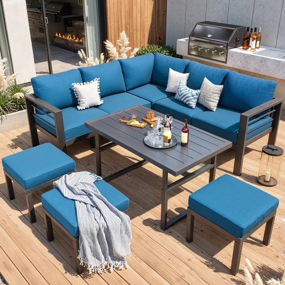 AECOJOY Outdoor Furniture Sets Clearance, Aluminum Patio Furniture Sets on sale, Metal Patio Sets, Outdoor Conversation Sets, Outdoor Sectional Sofa for Lawn, Navy