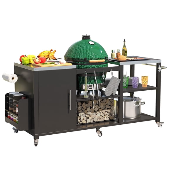 AECOJOY Outdoor Grill Cart for Kamado Grill, Heavy-Duty Metal BBQ Station with Storage Cabinet, Grill Table for Big Green Egg and Kamado Joe Classic, Rolling Grill Table for Patio Backyard
