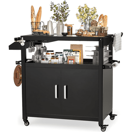 AECOJOY Outdoor Grill Cart with Storage Cabinet Buffet Prep Tables for Outside Steel BBQ Bar Carts for Patio