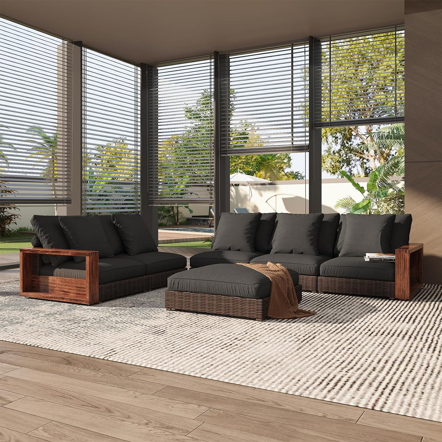AECOJOY Outdoor Patio Furniture 4 Piece Backyard Deep Seating Lounge Set Patio Furniture Set Khaki Rattan Conversation Sets with Mahogany Wood Armrests Black Walmart