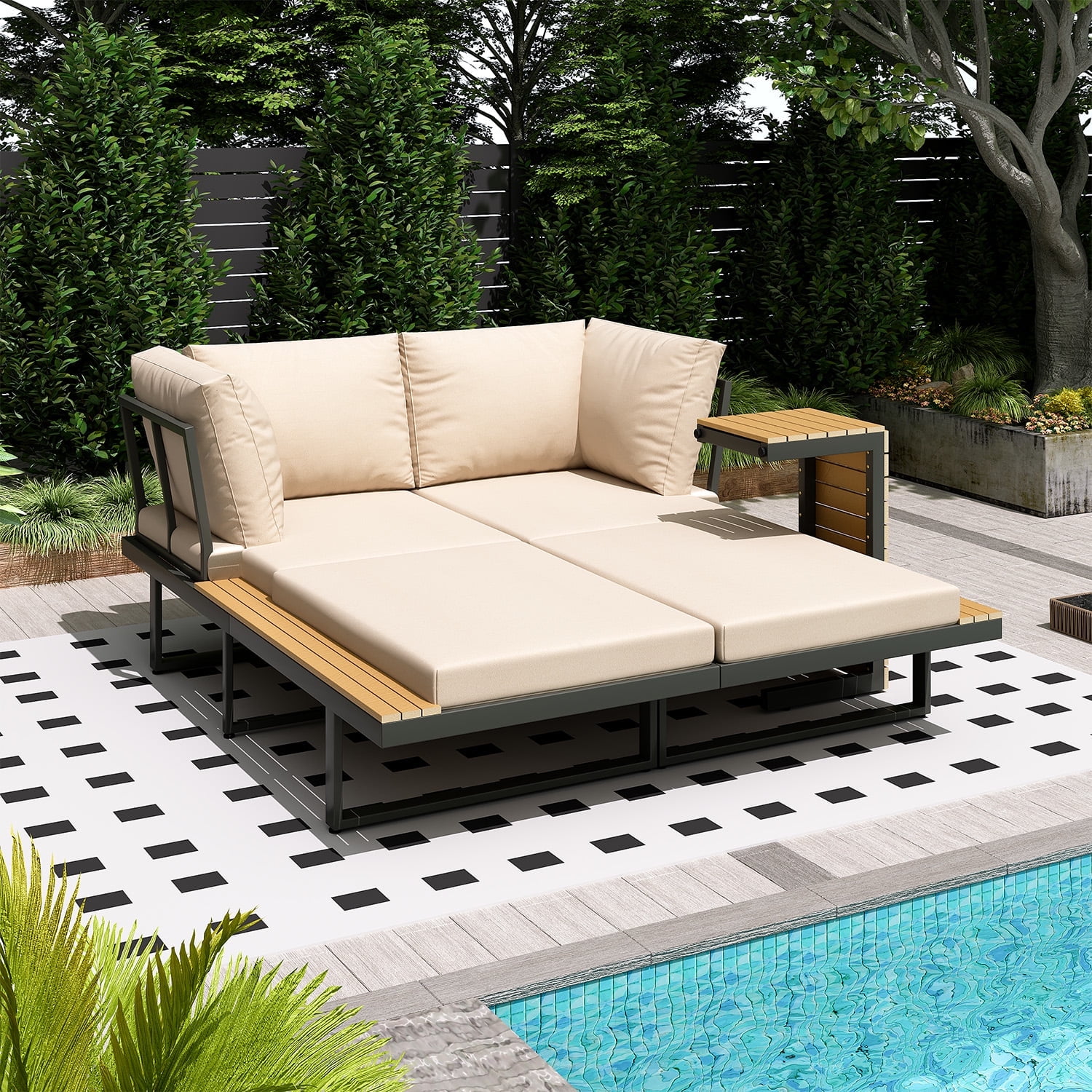 AECOJOY Outdoor Patio Furniture Sets,Metal Convertible Daybed With Coffee Table,5 Pieces Outdoor Sectional Conversation Sofa Couch,Beige