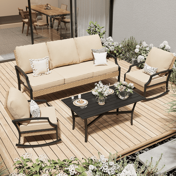 AECOJOY Outdoor Patio Wicker Furniture Sets On Sale,Rattan Patio Conversation Sets With Rocking Chair For Porch,Beige