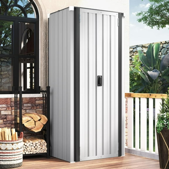 AECOJOY Outdoor Storage Cabinet Metal Organizer for Outside& Garden Patio Storage Building with Doors and Shelves in White