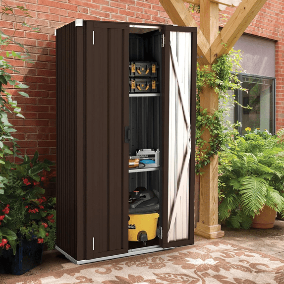 AECOJOY Outdoor Storage Cabinet Metal Organizer with Doors and Shelves Patio Storage Building for Outside& Garden in Brown