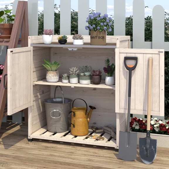 AECOJOY Outdoor Storage Cabinet&Potting Bench Table, Garden Wooden Work Bench with Adjustable Shelf, Patio Tool Work Station Planting Table with Metal Tabletop, Beige