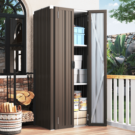 AECOJOY Outdoor Storage Cabinet Waterproof with Adjustable Shelves, Lockable Metal Outdoor Garden Storage Sheds Organizer in Brown, Versatile for Garage, Backyard, or Indoor Use