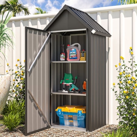 AECOJOY Outdoor Storage Shed with Floor & Metal Small Cabinet Waterproof with Shelves for Patio in Dark Grey