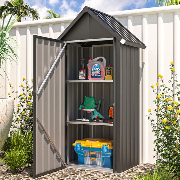 AECOJOY Outdoor Storage Shed with Floor & Metal Small Cabinet Waterproof with Shelves for Patio in Dark Grey
