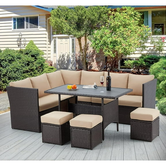 AECOJOY Patio Furniture Set, 7-Piece Rattan Wicker Sectional Sofa Couch, Outdoor Dining Conversation Set in Beige