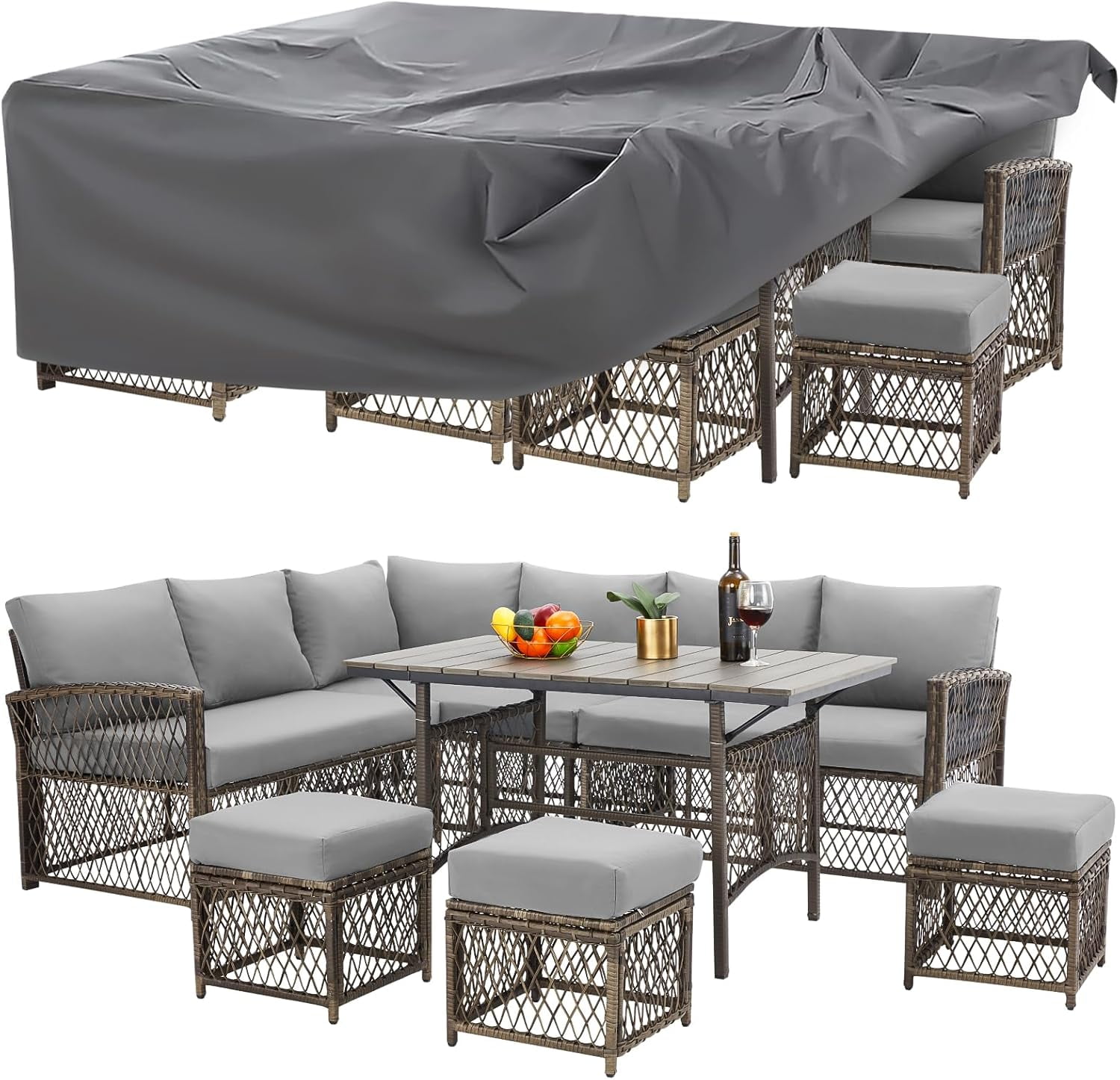 Grey 7-Piece Outdoor Rattan Sectional Sofa Set with Cover