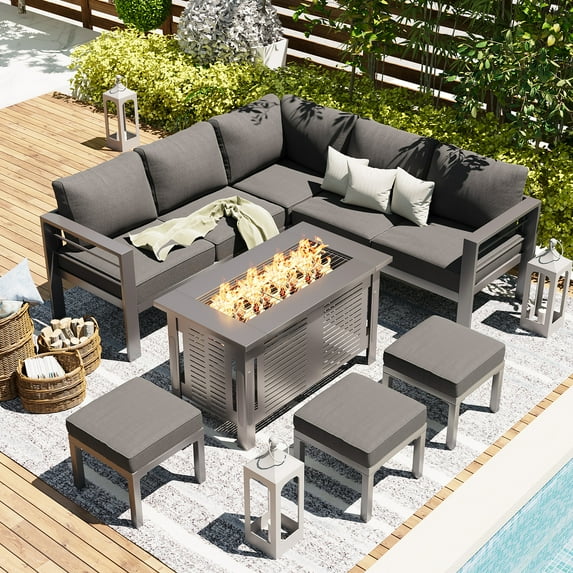 AECOJOY Patio Furniture Set with Fire Pit Table,Aluminum Outdoor Furniture Sets Clearance Metal Patio Sets on sale, Outdoor Conversation Sets, Dark Grey