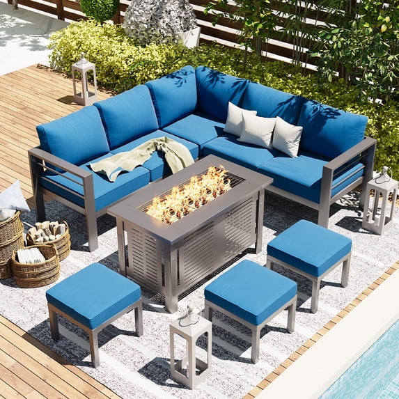 AECOJOY Patio Furniture Set with Fire Pit Table,Aluminum Outdoor Furniture Sets Clearance Metal Patio Sets on sale, Outdoor Conversation Sets, Navy