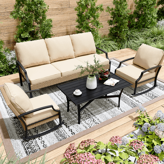 AECOJOY Patio Furniture Sets On Sale,Metal Outdoor Furniture Sets Clearance,Wicker Rattan Patio Conversation Sets For Porch, Garden and Backyard,Beige