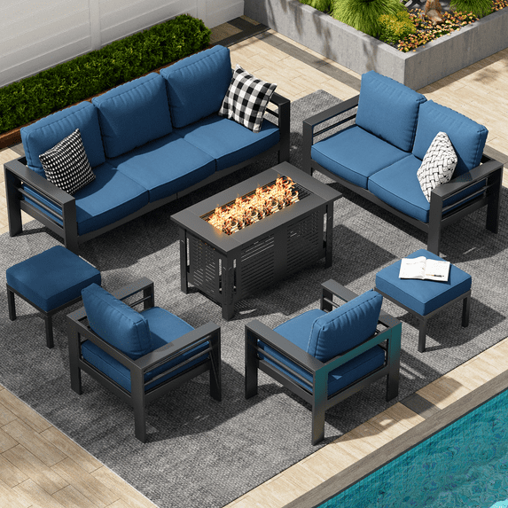 AECOJOY Patio Furniture Sets on sale, Aluminum Outdoor Furniture Set with Fire Pit Outdoor Sectional Sofa- Blue