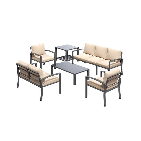 AECOJOY 7-Seat Outdoor Metal Sofa Set with Coffee & Side Table, Deep Cushion Patio Conversation Set for Garden, Porch & Balcony, Beige
