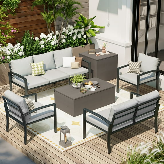 AECOJOY Patio Furniture sets Outdoor Metal Furniture sets with Two Storage Boxes on Sale Patio Conversation Set With Light Grey Cushions