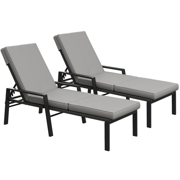 AECOJOY 2PCS Patio Rattan Lounge Chair Chaise Recliner Back Adjustable Cushioned Dark Grey