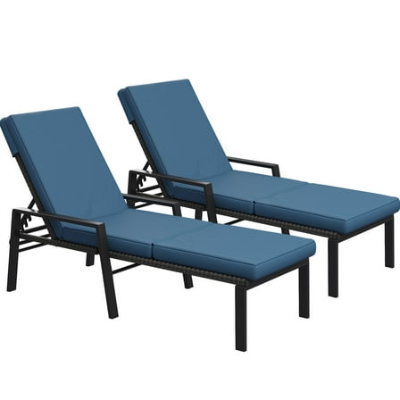 AECOJOY 2PCS Patio Rattan Lounge Chair Chaise Recliner Back Adjustable Cushioned Blue