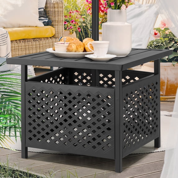 AECOJOY Patio Table Umbrella Base, Outdoor Metal Bistro Table Stand with Umbrella Hole