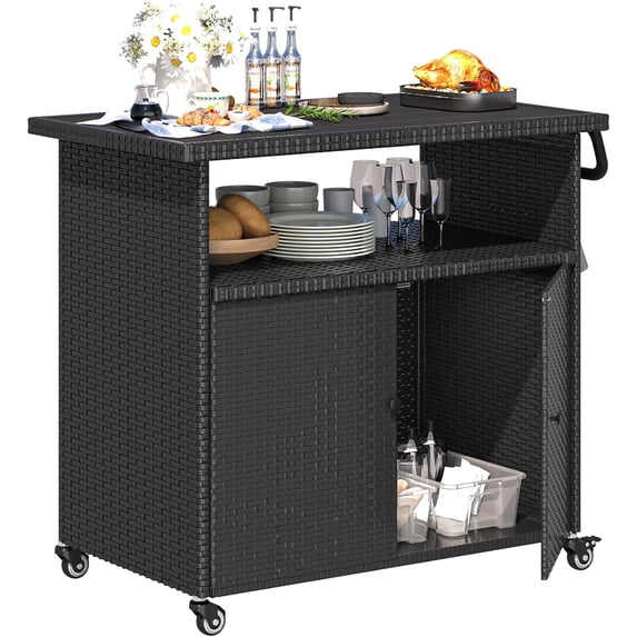 AECOJOY Patio Wicker Bar Tables with Wheels&Shelf Patio Serving Table Outdoor Storage Cabinet Outdoor Bar Cart, Black
