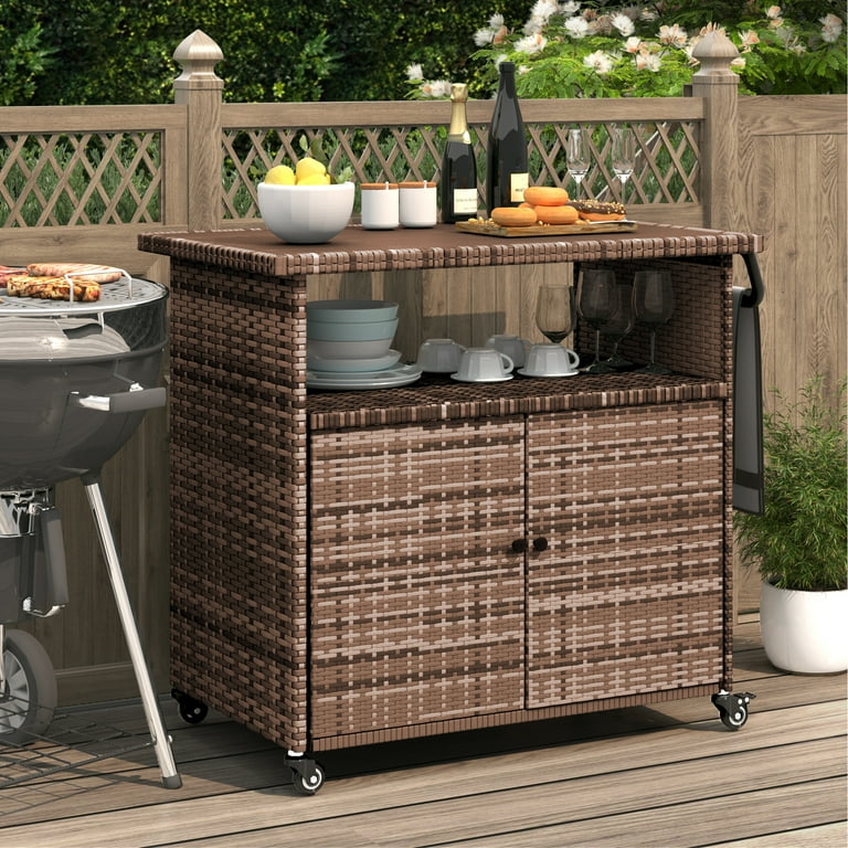 AECOJOY Patio Wicker Bar Tables with Wheels&Shelf Patio Serving