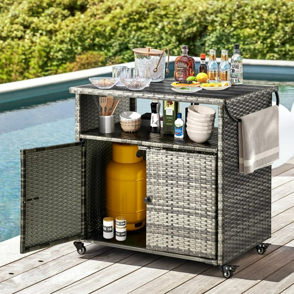 AECOJOY Patio Wicker Bar Tables with Wheels&Shelf Patio Serving Table Outdoor Storage Cabinet Outdoor Bar Cart
