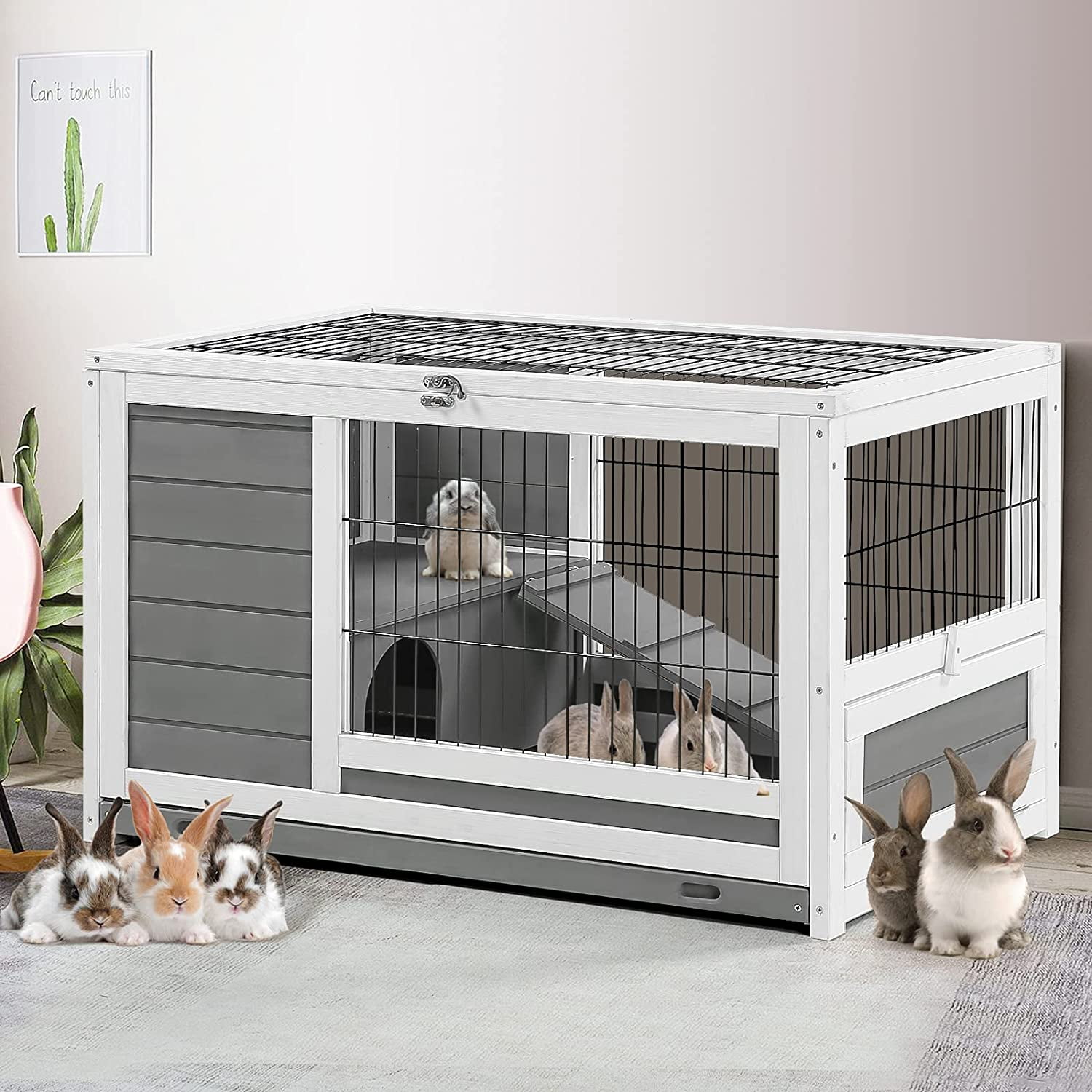 AECOJOY Rabbit Hutch with Deeper No Leak Tray & Run 35.4 Pet House for Small Animals Rabbit Cage Guinea Pig House Bunny Hutch Indoor & Outdoor
